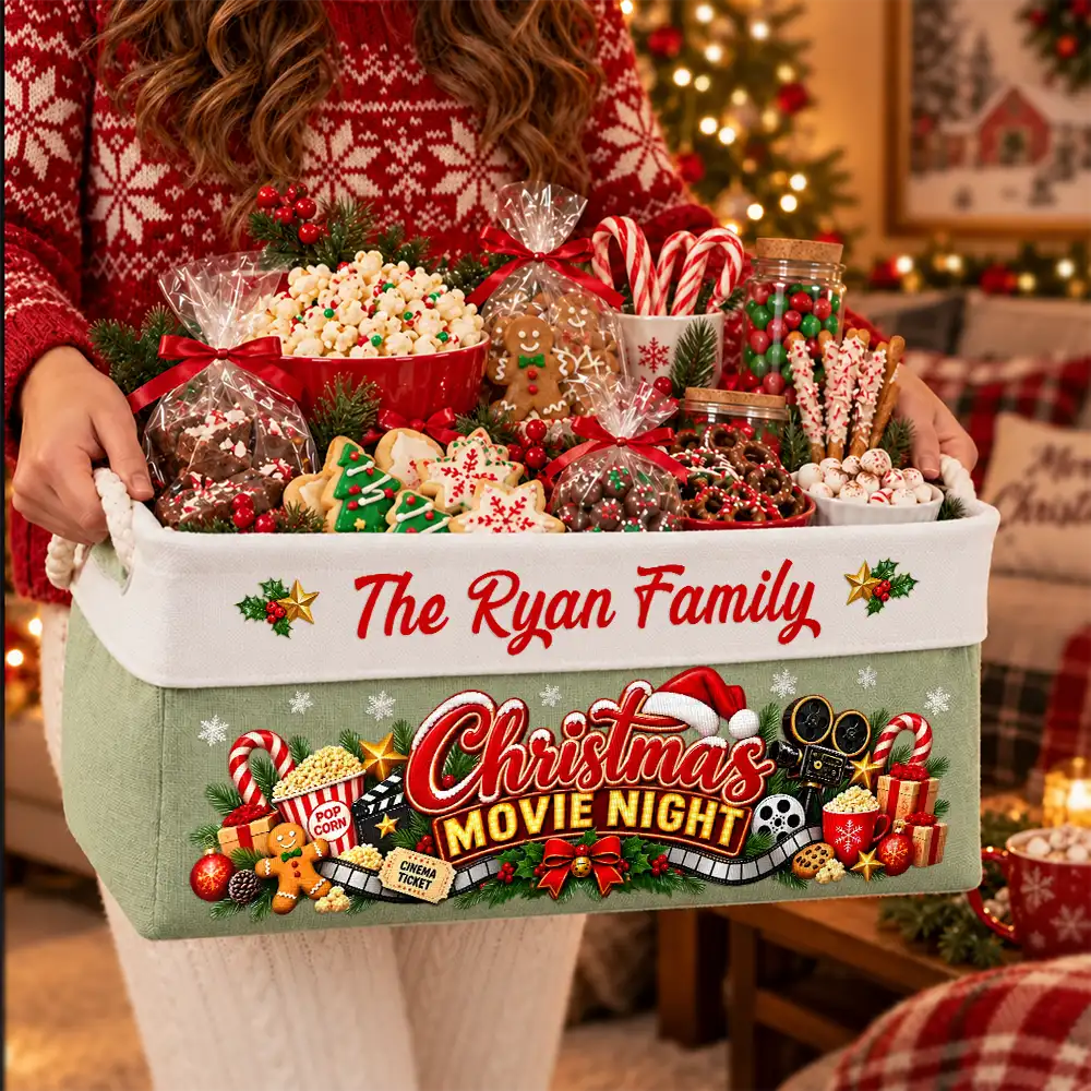 Gift For Holiday Gathering - Personalized Family Name Christmas Eve Movie Night Snack Storage Basket Storage Basket