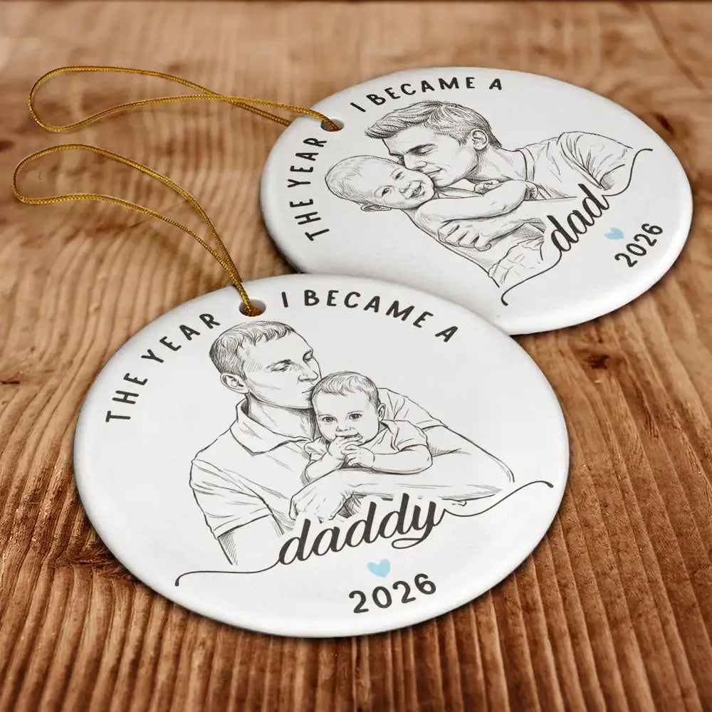 Christmas Gift For New Dad - Personalized Custom Photo Pencil Sketch The Year I Became A Daddy Circle Ceramic Ornament