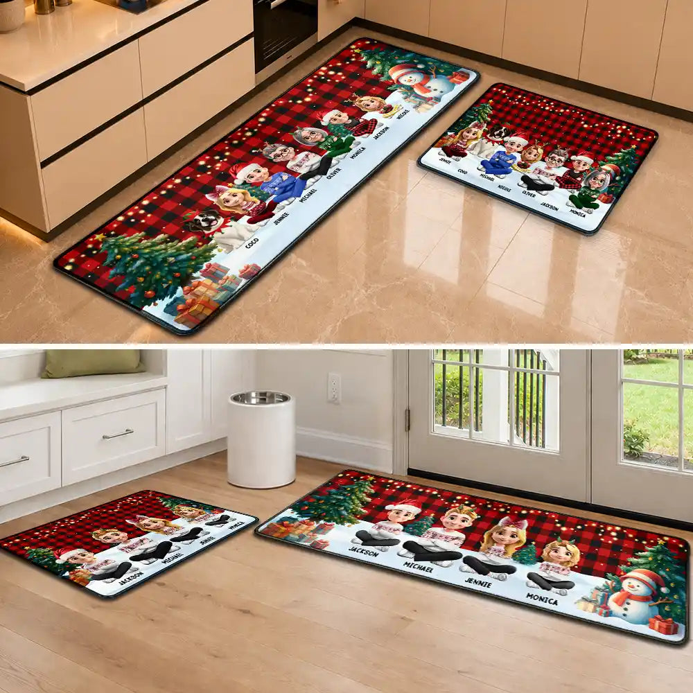 Family Sitting Christmas Plaid Pattern - Personalized Runner Rug