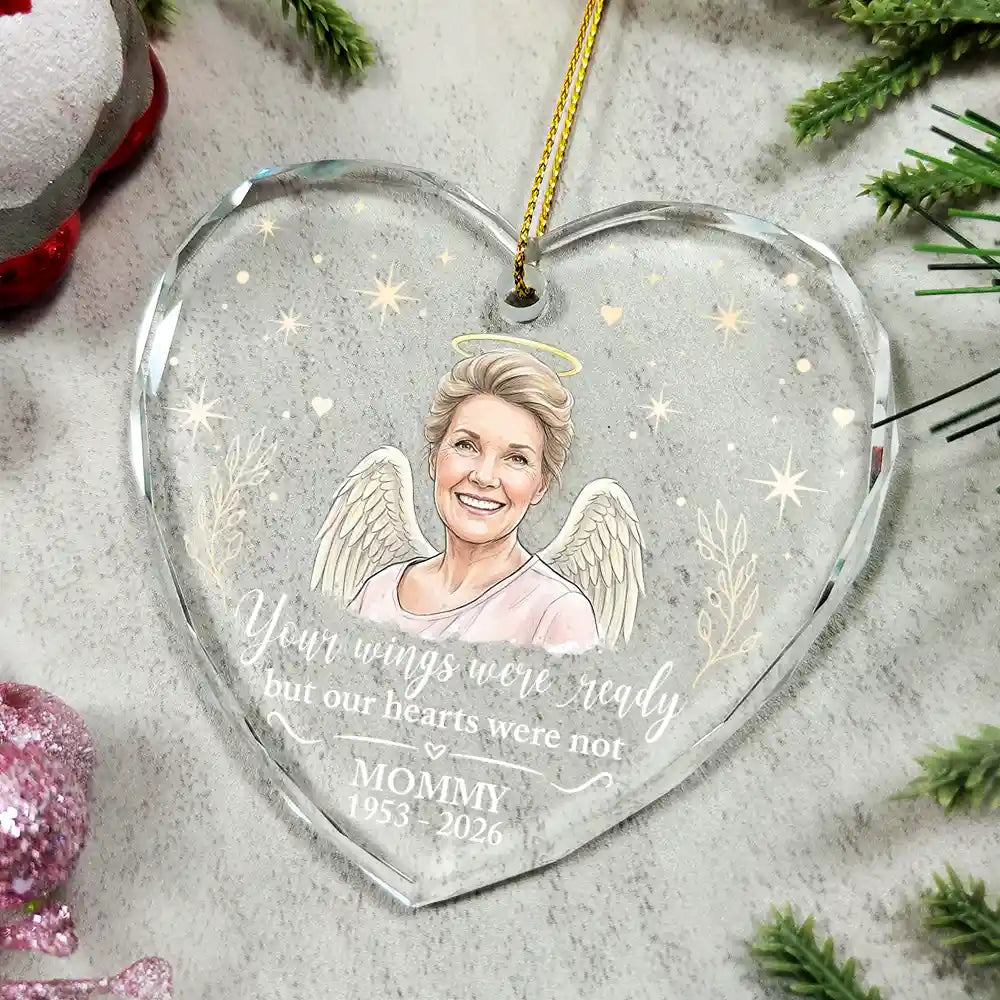 Sympathy Christmas Gift For Loss Of Dad - Personalized Custom Photo Watercolor Your Wings Were Ready Glass Ornament