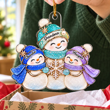 Grandma & Grandkid Snowman 2D Flat Printed - Personalized Acrylic Ornament - Christmas Gift For Grandchildren