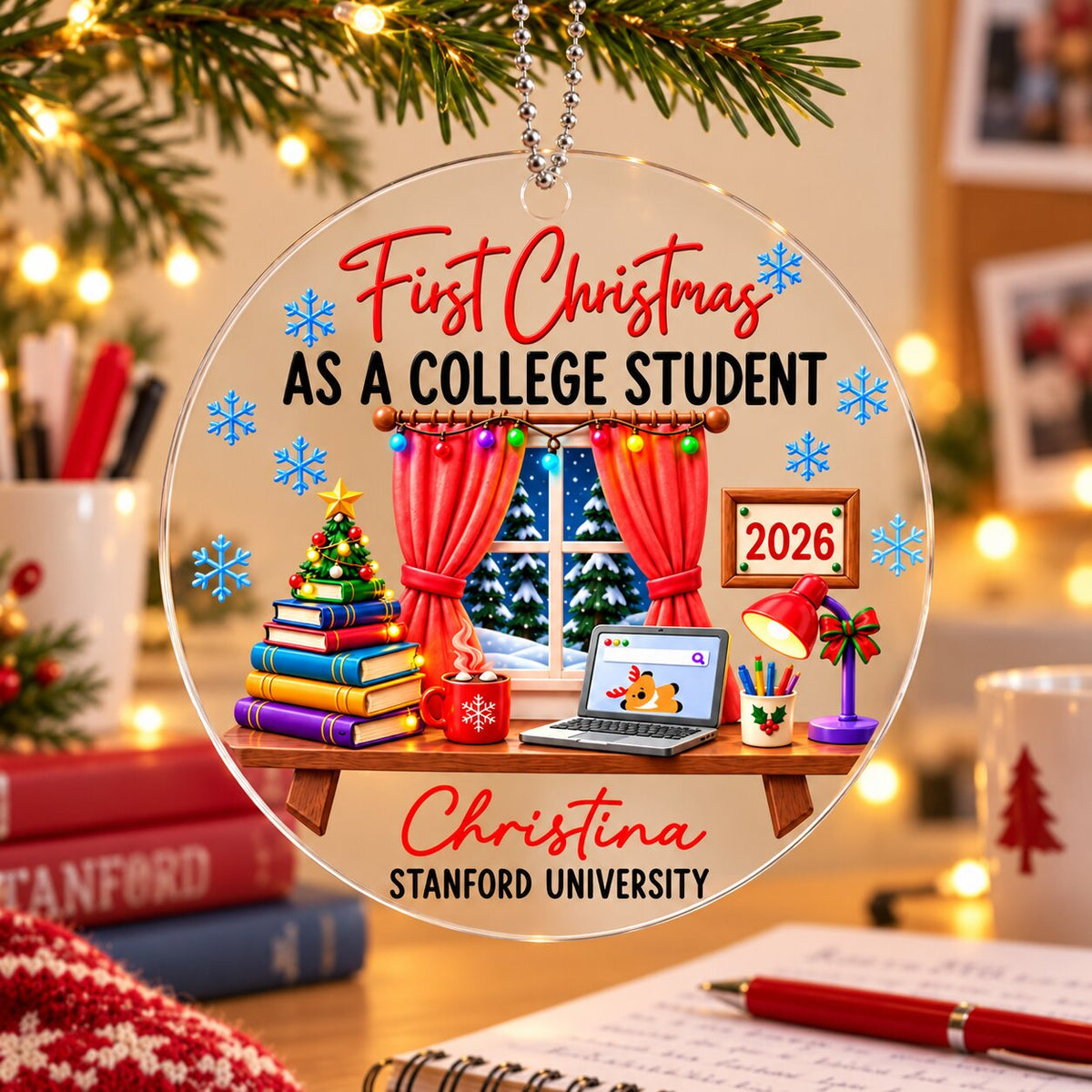 College Student With Desk Design - Personalized Acrylic Ornament - Christmas Gift For New Student, Boy, Girl