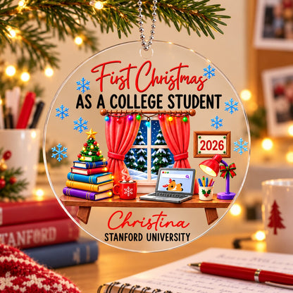 College Student With Desk Design - Personalized Acrylic Ornament - Christmas Gift For New Student, Boy, Girl