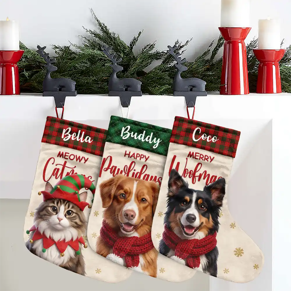 Christmas Gift For Pet Lovers Family - Personalized Custom Photo Snowflake Dog Cat Photo Fireplace Decoration Christmas Stocking