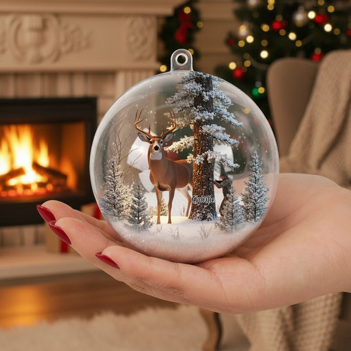 Christmas Gift For Hunters - Personalized Hunting Snow Globe Ornament With Bow