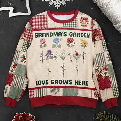 Grandma Garden Patchwork Print Birth Flower - Personalized Sweater