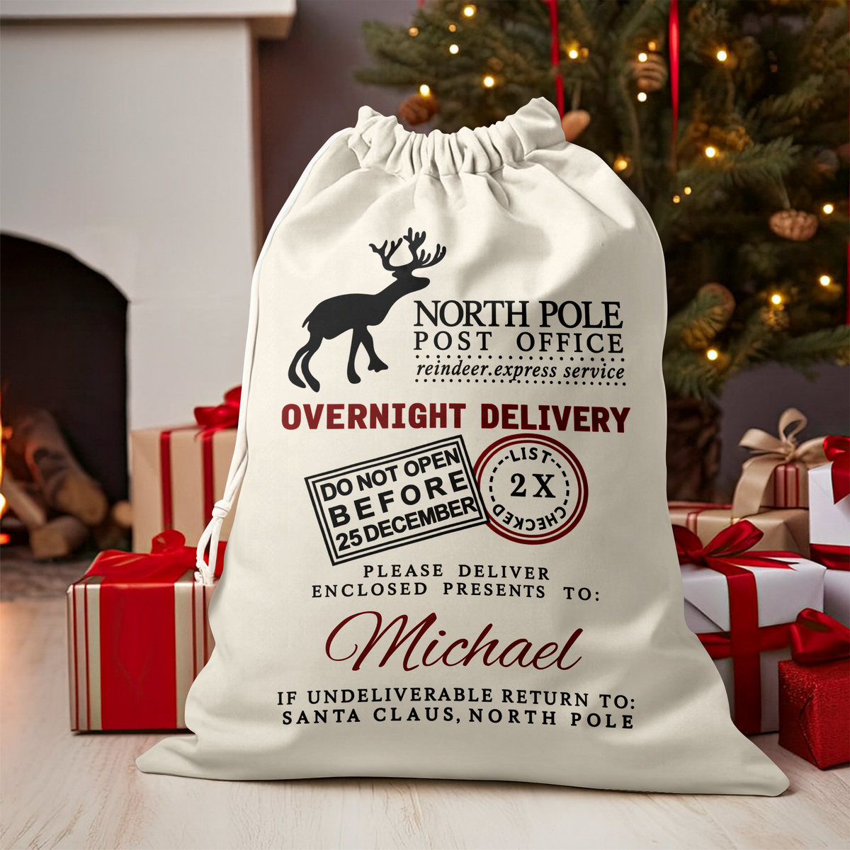 Custom Name North Pole Post Office Christmas Sack, Personalized Holiday Gift Bag TH10 171401