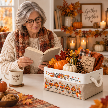 One Thankful Grandma Custom Grandkids Turkey - Thanksgiving Fall Season Decorations - Personalized Storage Basket