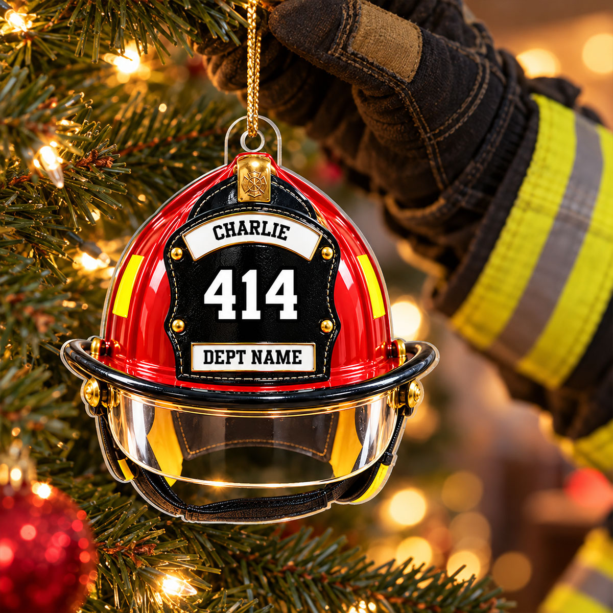 Firefighter Helmet Front View 2D Flat Printed - Personalized Acrylic Ornament - Christmas Gift For Firefighter Department