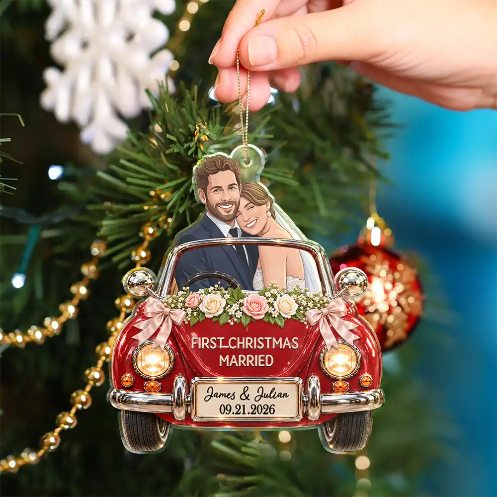 First Christmas Gift For Newlyweds - Personalized Custom Photo Mr And Mrs Names Just Married Car Acrylic Ornament
