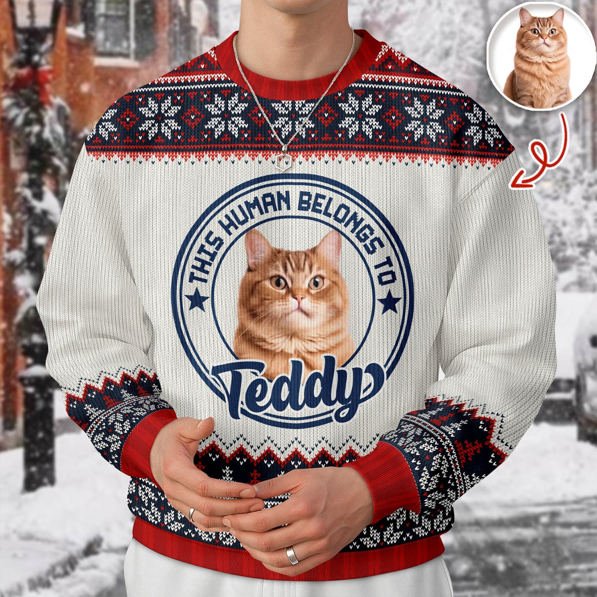 Custom Dog Cat Photo This Human Belongs To Christmas Ugly Sweater TH10 896049
