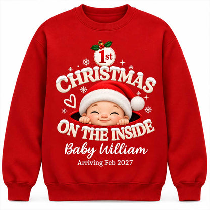 1st Christmas On The Inside Baby - Personalized Shirt - Christmas Pregnancy Announcement Gift For Mom To Be, Expecting Mom