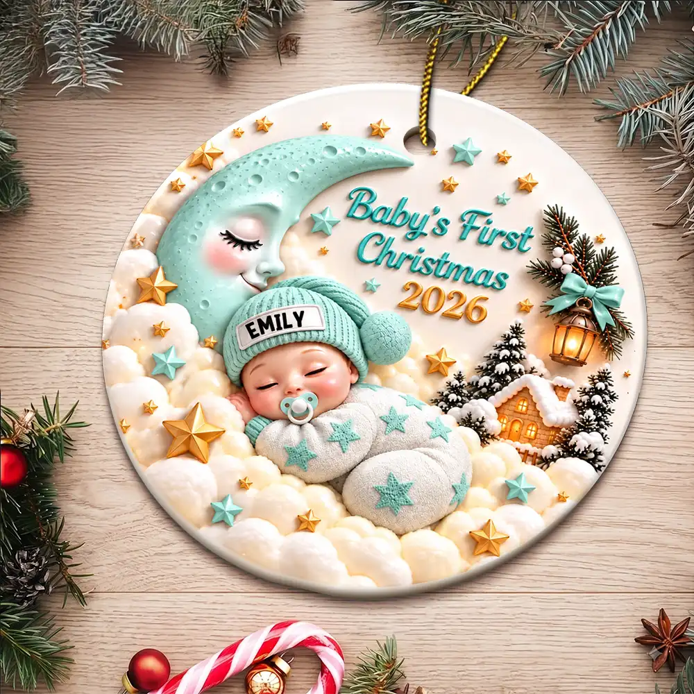 Baby's First Christmas - Personalized Sleeping Baby 3D Embossed Circle Ceramic Ornament