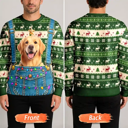 Christmas Gag Gift For Pet Dad - Personalized Custom Photo Pet Face Hairy Chest Abs Body Unisex Ugly Sweater