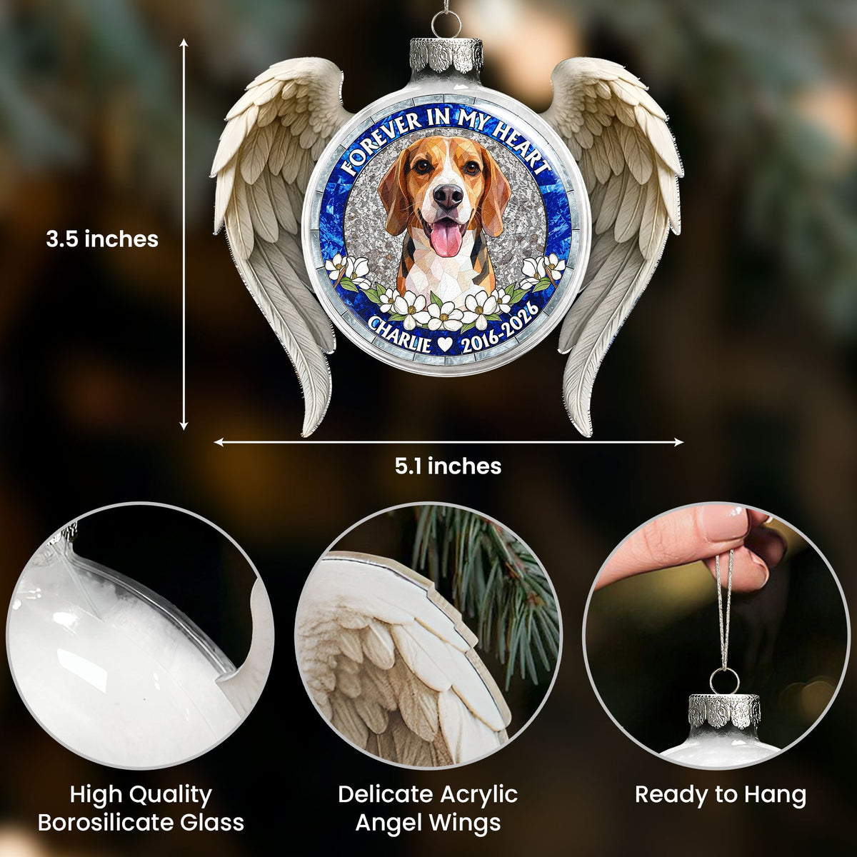 Forever In Our Hearts Custom Photo Pet Loss Stained Glass Art - Personalized Ornament