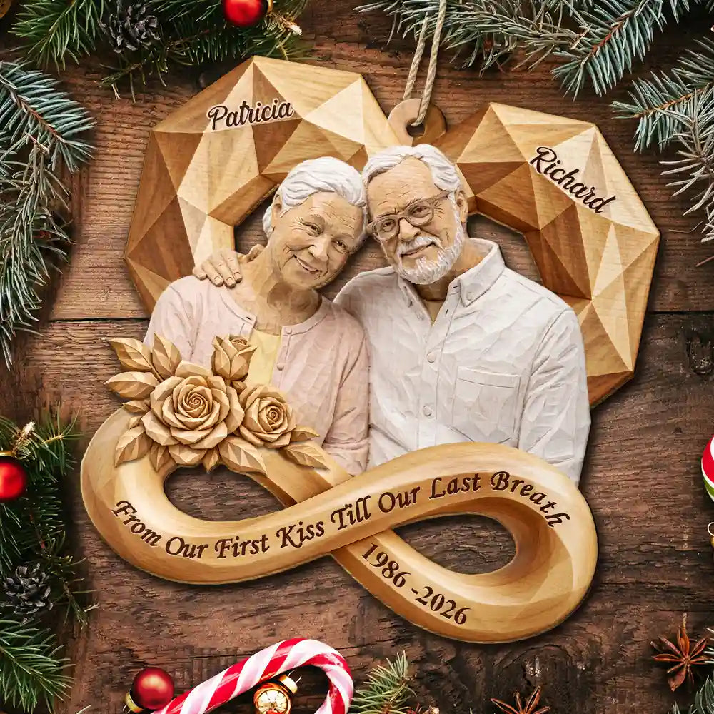 Anniversary Gift For Couples - Personalized Custom Photo Infinity Rose Heart Wooden Ornament