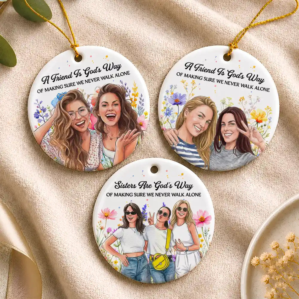 Christmas Gift For Best Friend - Personalized Custom Photo Watercolor Floral Circle Ceramic Ornament