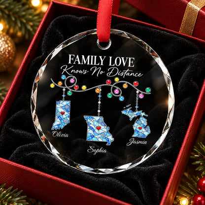 Family Love Knows No Distance - Personalized Glass Ornament - Togetherness Christmas Gift for Sisters, Children