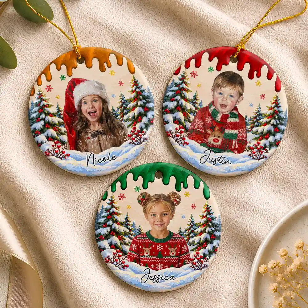 Christmas Gift For Kids Family - Personalized Custom Photo & Name Kid Portrait In Snowy Forest With Paint Drip Circle Ceramic Ornament