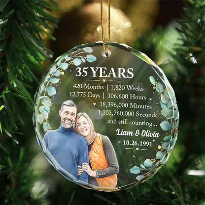 Anniversary Gift For Couples - Personalized Custom Photo Watercolor Names Year Counting Time Together Glass Ornament