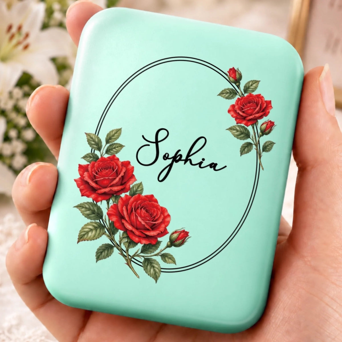 Custom Name Floral Beauty Gifts For Women - Personalized LED Compact Makeup Mirror