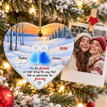 Friends Along The Way Winter Sunset Heart - Personalized Ceramic Ornament With Acrylic Pieces - Christmas Gift For Best Friend, Bestie, Soul Sister, Friendship Keepsake