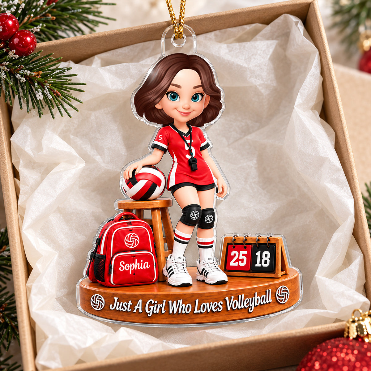 Custom Volleyball Girl Name - Personalized Acrylic Ornament - Christmas Gift for Daughter, Granddaughter, Holiday Keepsake for Volleyball Players