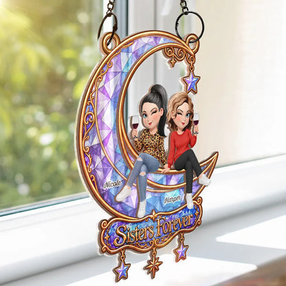 Best Friend Keepsake - Personalized Besties Forever Sitting On Moon Window Hanging Suncatcher Ornament