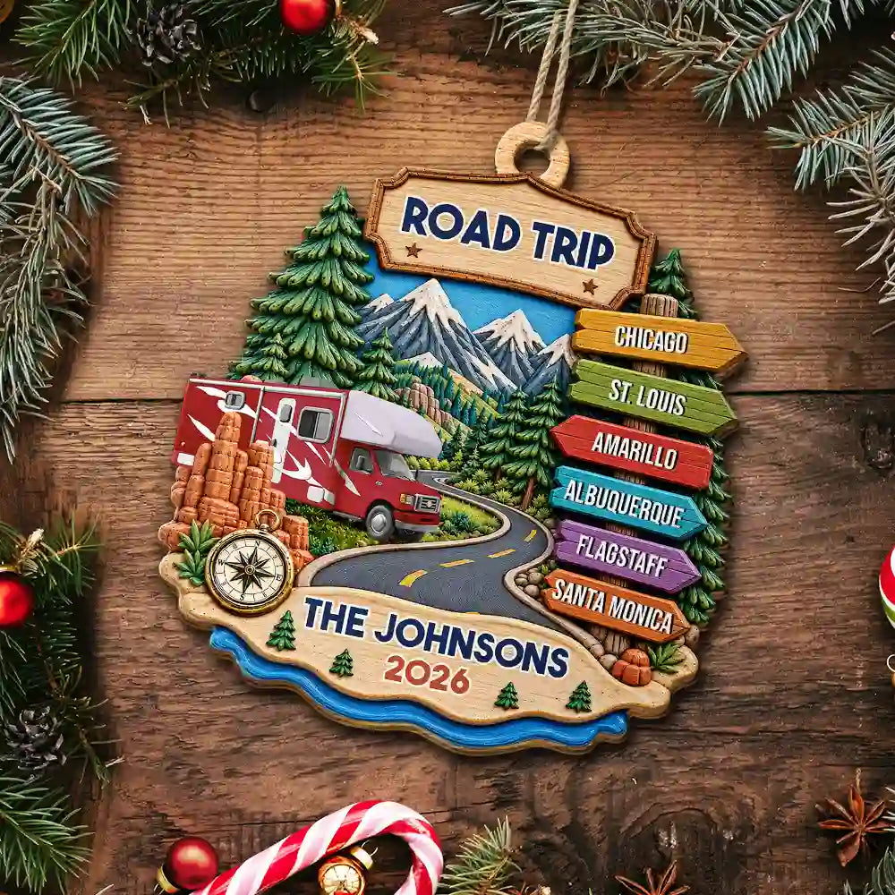 Road Trip Travel Gift For Couples, Family, Friends - Personalized Vacation Wooden Ornament