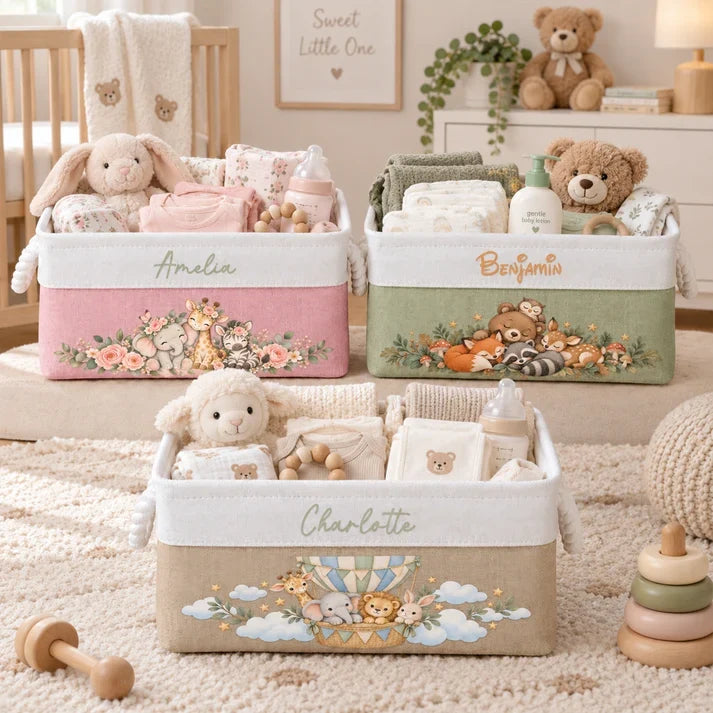 Personalized Cotton Linen Rope Basket with Watercolor Jungle Animals for Nursery Storage, Unique Baby Gift