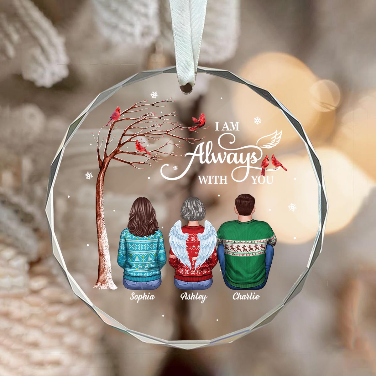 Always With You Cardinal Memorial Remembrance Keepsake Personalized Glass Ornament