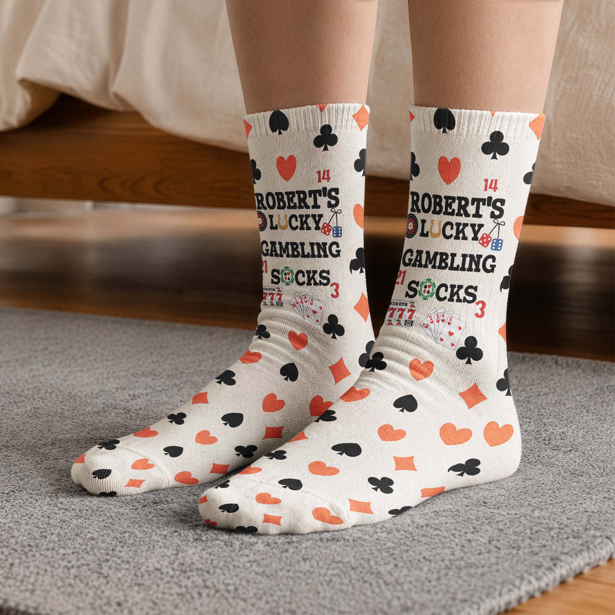 Lucky Gambling Socks, Lucky Poker Socks - Custom Name & Style - Personalized Socks