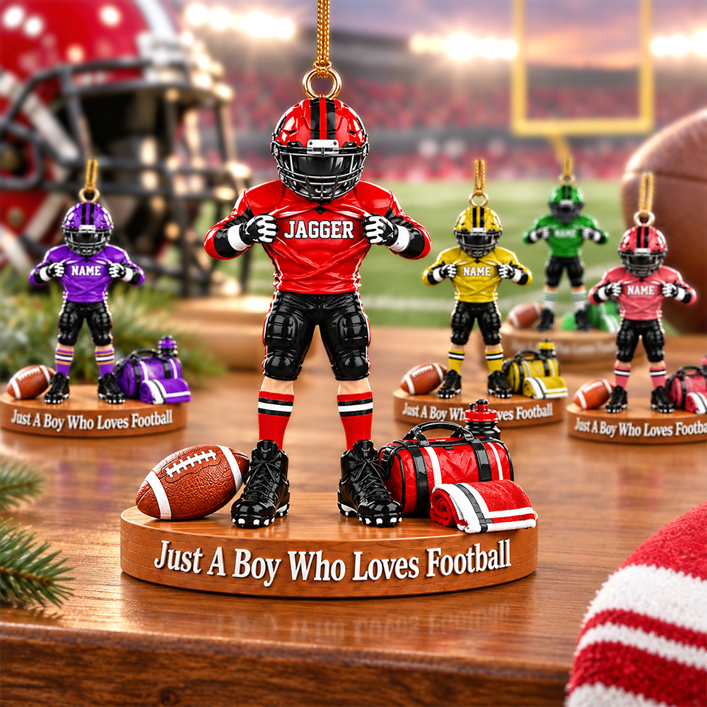 Personalized Football Player Christmas Ornament, Custom Name, Number & Uniform Colors, Just a Boy Who Loves Football Gift New