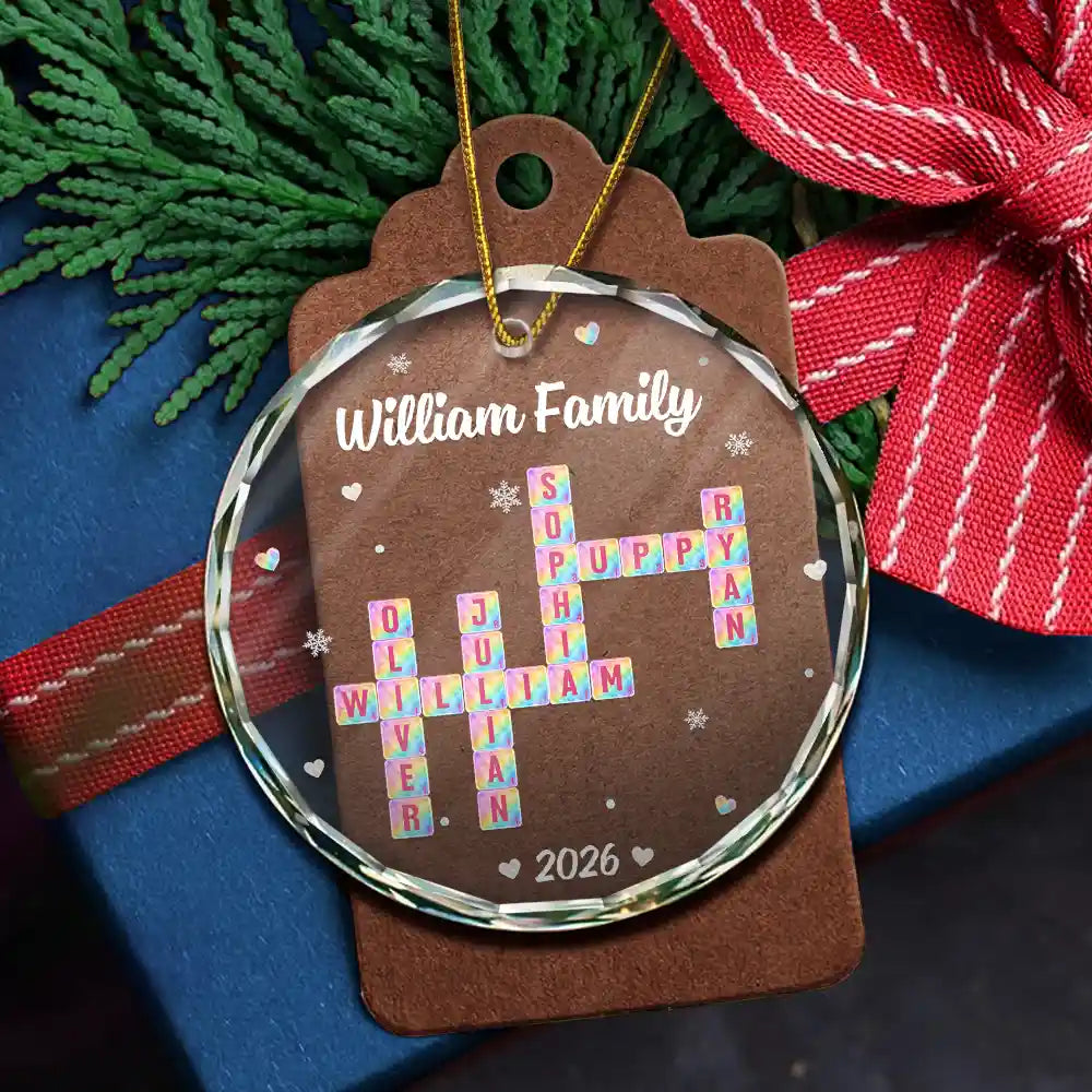 Christmas Gifts For Family - Personalized Crossword Sea Glass Family Name Circle Glass Ornament