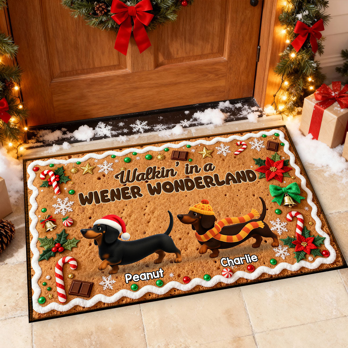 3D Effect Christmas Happy Pawliday Dachshunds Walking Gingerbread Cookie Theme - Personalized Doormat