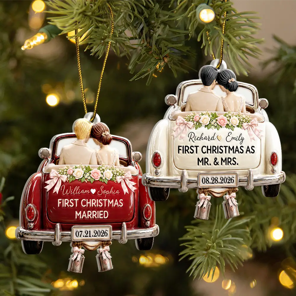 First Christmas Gift For Newlyweds - Personalized Mr And Mrs Names Just Married Car Embossed Ornament
