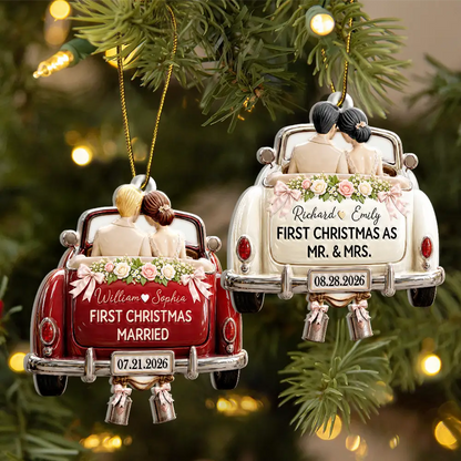 First Christmas Gift For Newlyweds - Personalized Mr And Mrs Names Just Married Car Embossed Ornament
