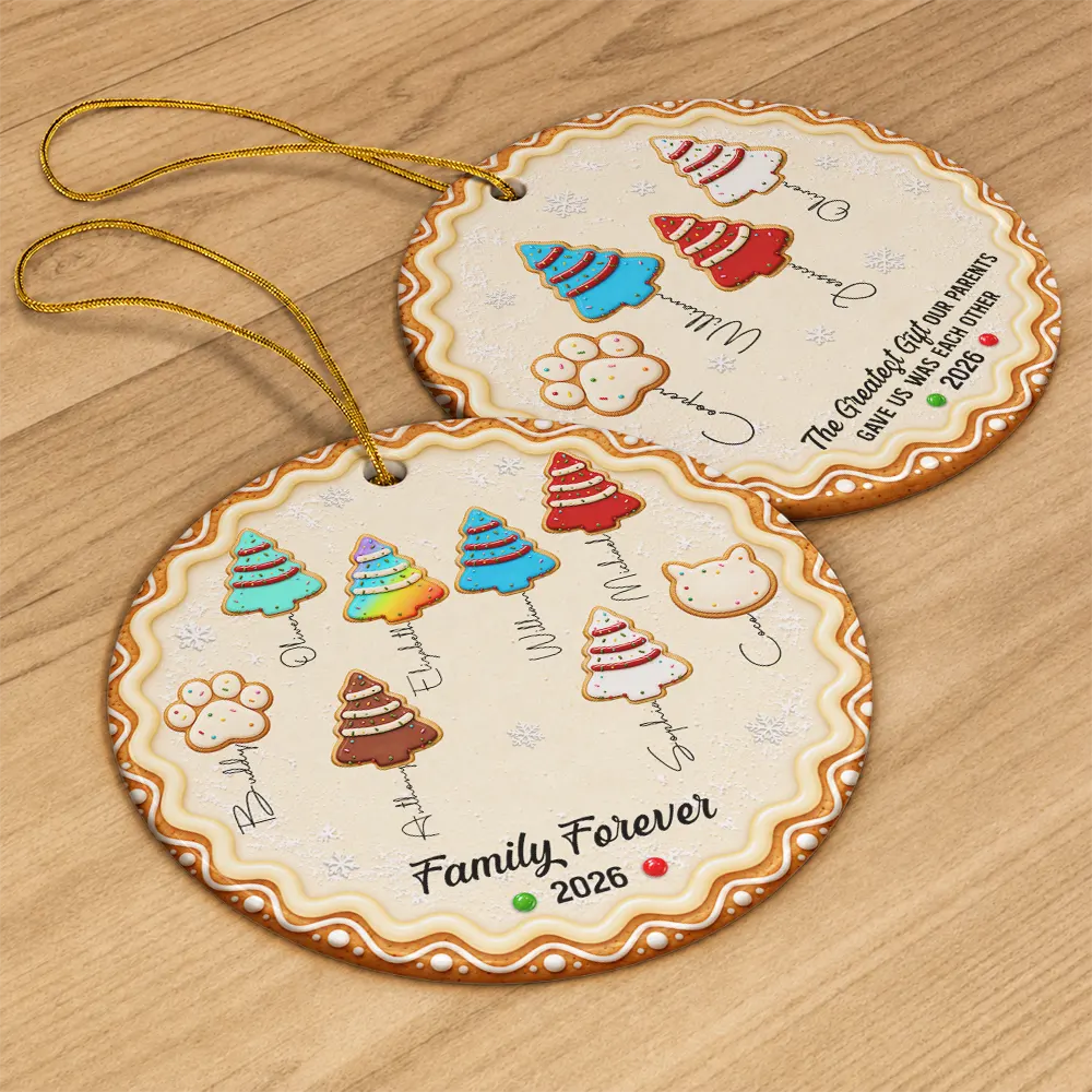 Christmas Gifts For Family - Personalized Family Forever Linked Together Gingerbread Style Circle Ceramic Ornament