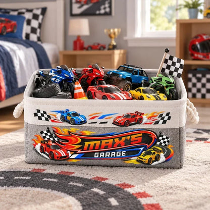 Personalized Garage Cotton Linen Rope Basket for Toy Storage, Creative Gift for Young Car Fans