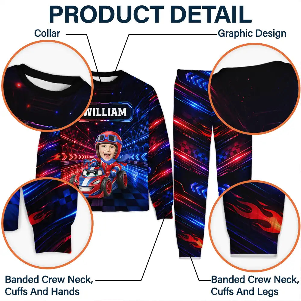 Gift For Kids Boys - Personalized Custom Photo Photo & Name Race Car Driver With Lightning Kid Pajamas Set