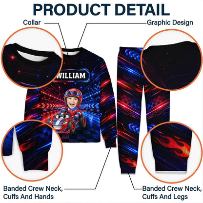 Gift For Kids Boys - Personalized Custom Photo Photo & Name Race Car Driver With Lightning Kid Pajamas Set