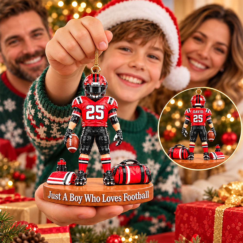 Luxury Personalized Football Player Christmas Ornament, Custom Name, Number & Uniform Colors, Just a Boy Who Loves Football Gift