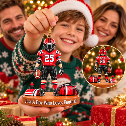 Luxury Personalized Football Player Christmas Ornament, Custom Name, Number & Uniform Colors, Just a Boy Who Loves Football Gift