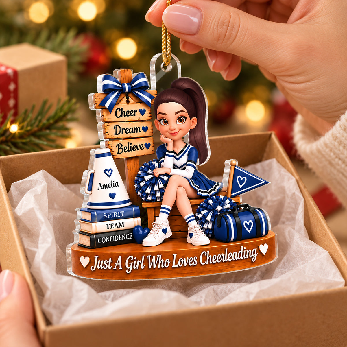 Custom Cheerleading Girl Name - Personalized Acrylic Ornament - Christmas Gift for Daughter, Granddaughter, Holiday Keepsake for Cheerleaders