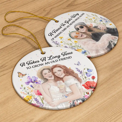 Christmas Gift For Best Friend - Personalized Custom Photo Watercolor Floral Circle Ceramic Ornament