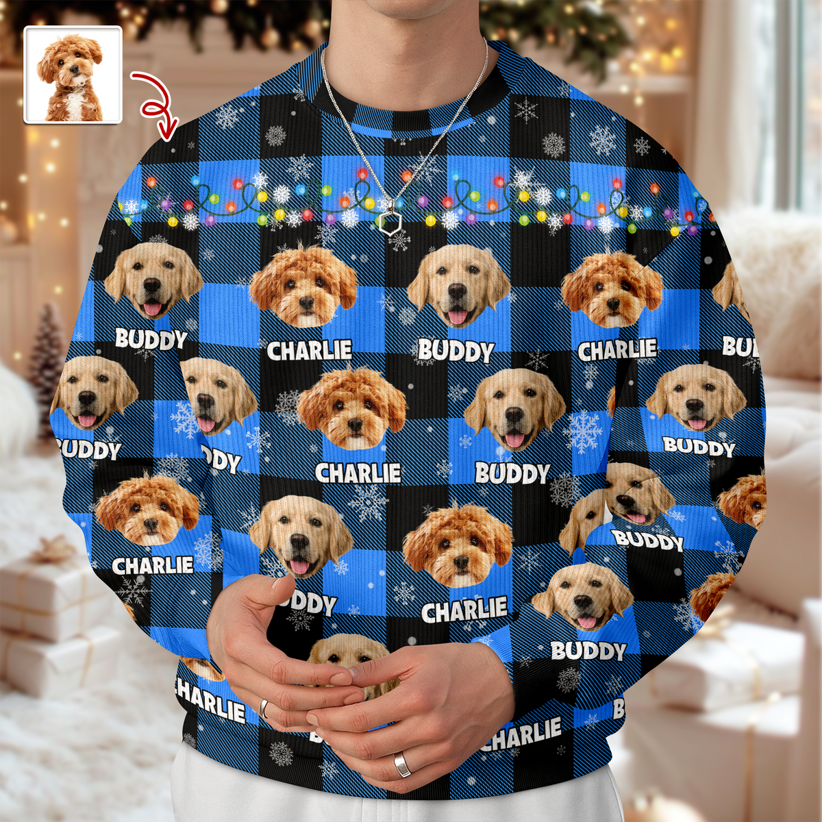 Custom Dog Photo Name Snow Christmas Light Holiday Ugly Sweater CH07 896368