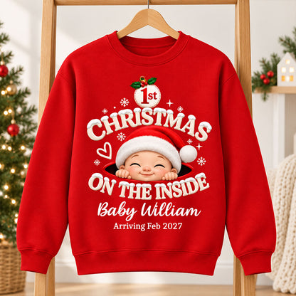 1st Christmas On The Inside Baby - Personalized Shirt - Christmas Pregnancy Announcement Gift For Mom To Be, Expecting Mom