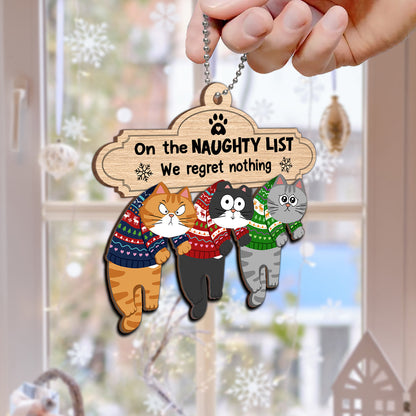 Christmas Naughty Cats Hanging On Mantel Personalized 2-Layer Wooden Ornament, Gift For Cat Lovers