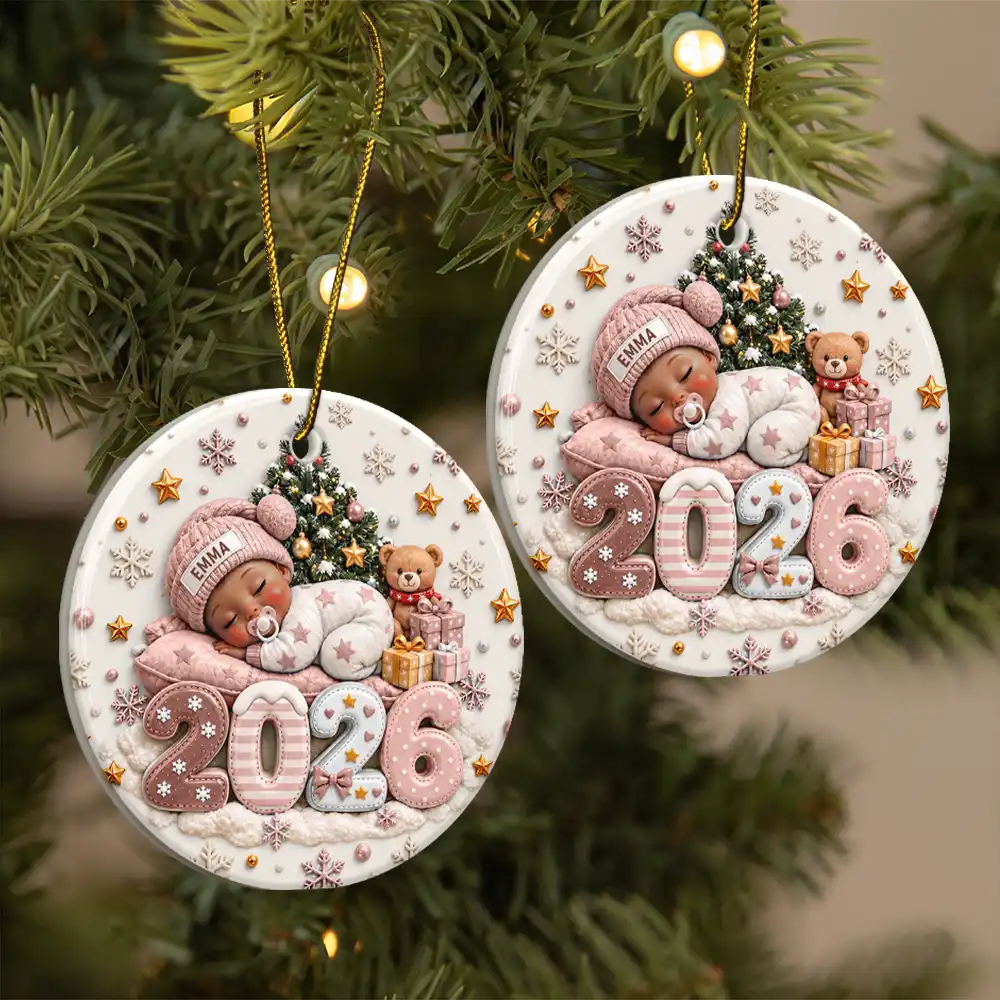 Baby's First Christmas Gift For New Mom - Personalized Sleeping Baby 3D Embossed Circle Ceramic Ornament
