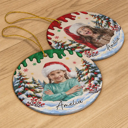 Christmas Gift For Kids Family - Personalized Custom Photo & Name Kid Portrait In Snowy Forest With Paint Drip Circle Ceramic Ornament